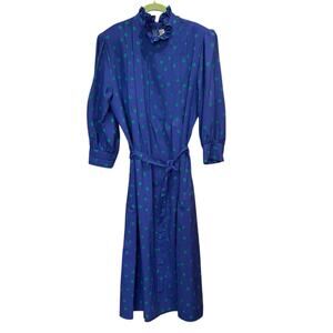 Vintage 80s CIAO LTD Size 14 Midi Dress Ruffle Blue Green Polka Dots Librarian